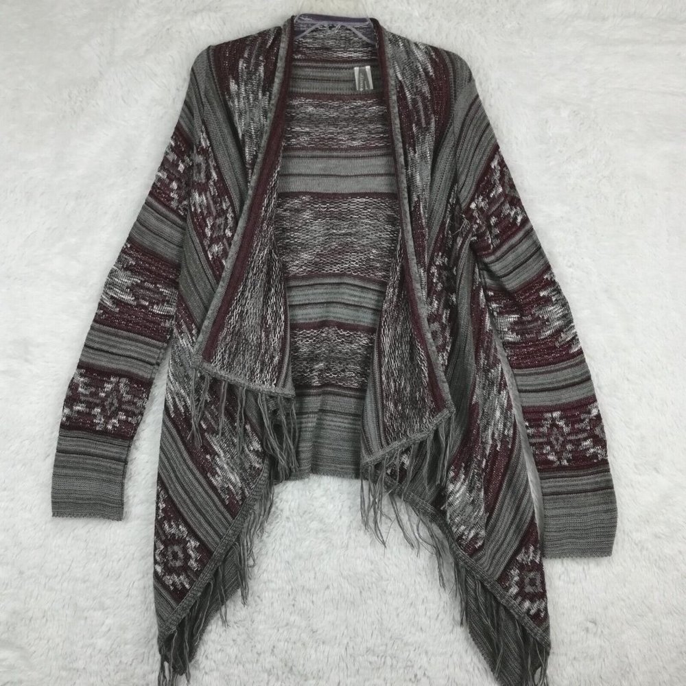 Vanity Womens Sweater Cardigan Open Front Knitted Gray Purple Tassel Geometric M